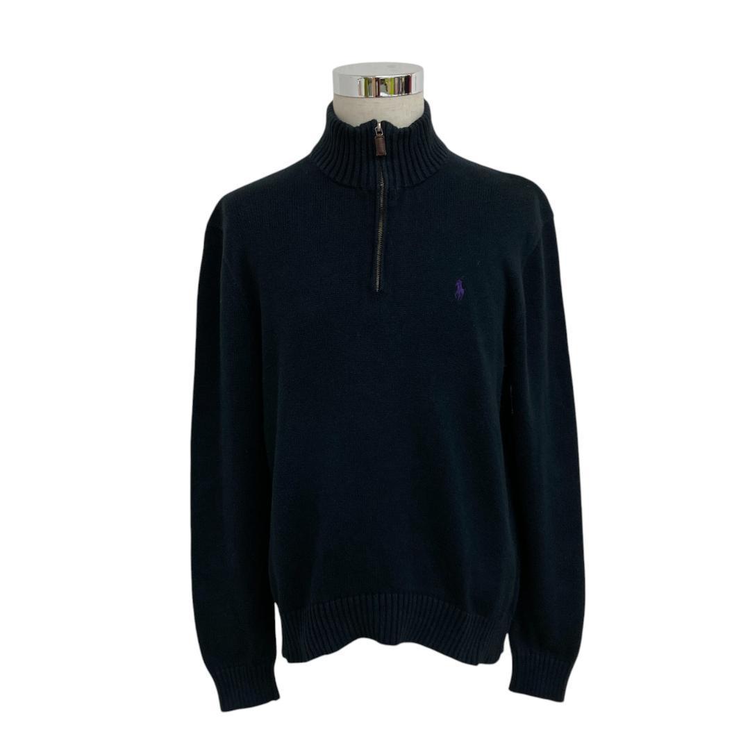 【ハーフジップニット】ポロバイラルフローレン　ワンポイント刺繍　ブラック　L