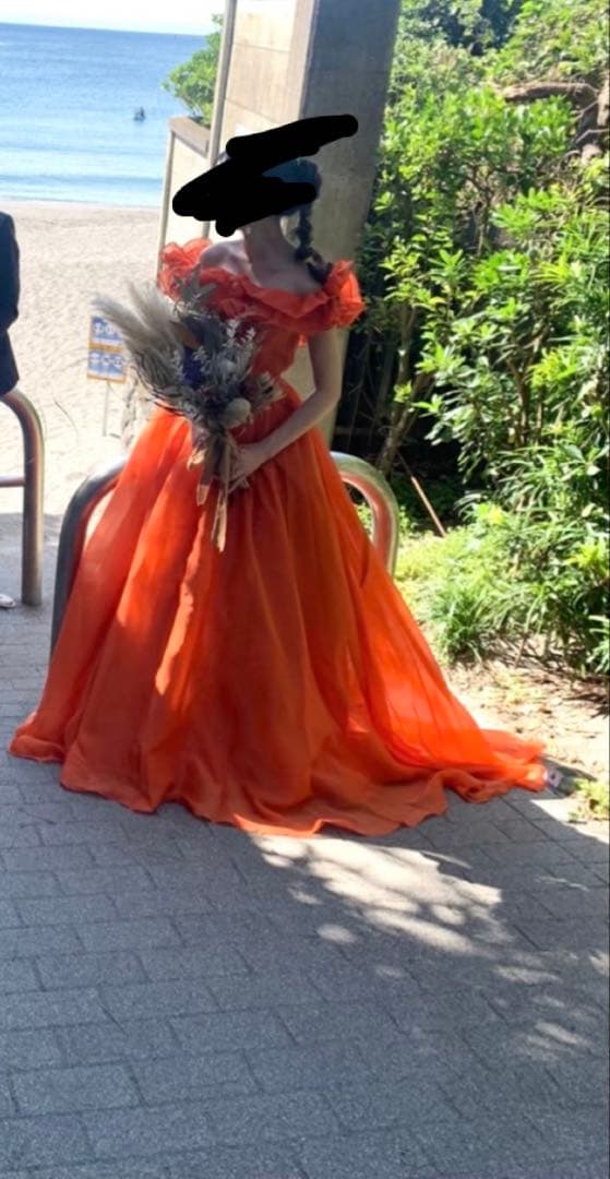 オレンジ フリル付き ロングドレス テラコッタドレス 前撮りドレス ウエディングS
