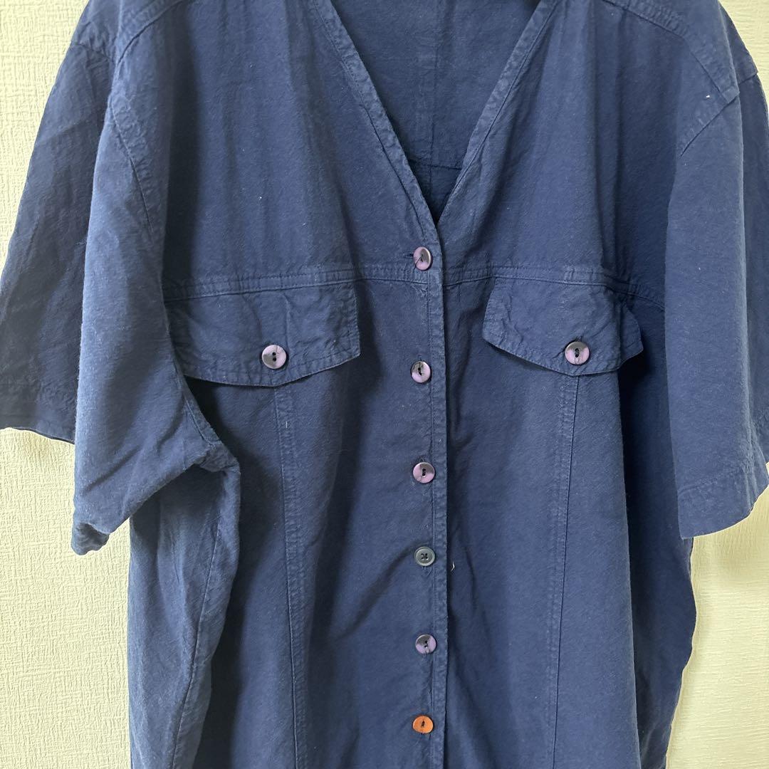 90s USA ビンテージ ノーカラー レーヨン シャツ レア 古着 デザイン 90s usa ビンテージ コットン ノーカラー ネイビー 半袖シャツ