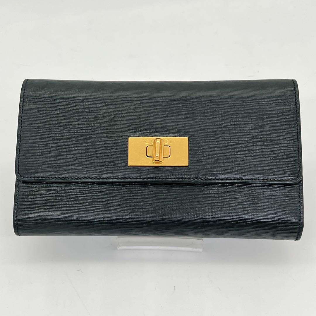 【美品】GUCCI 長財布 三つ折り フラップ ターンロック ゴールド金具 本革