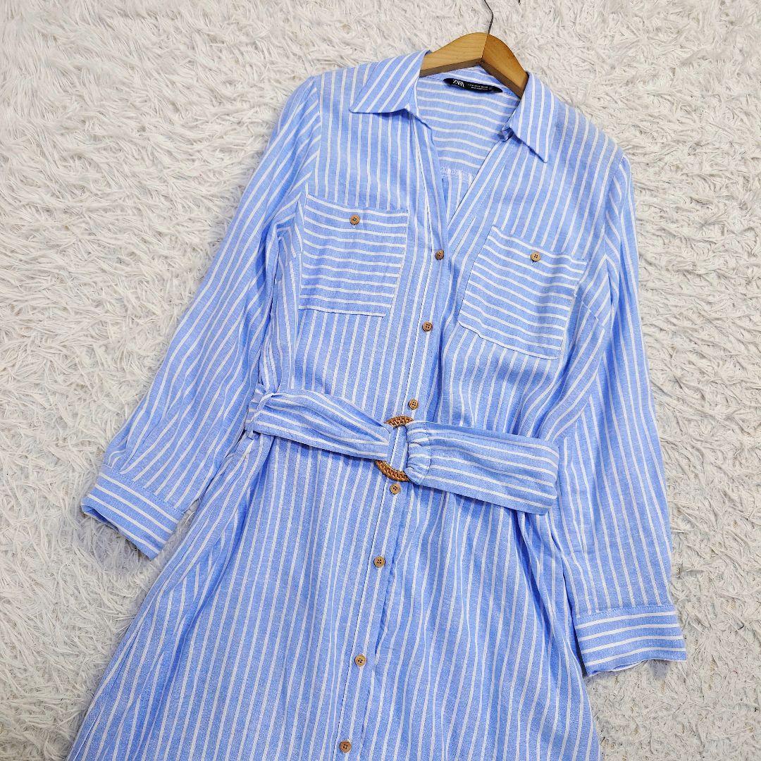 祝開店！大放出セール開催中 ZARA ザラ 麻 ベルト リネンブレンドロングシャツワンピース ワンピース