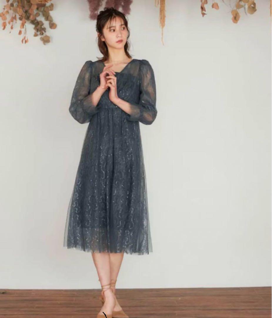 niana スパンコール刺繍レースカシュクール パーティードレス ダークカーキS