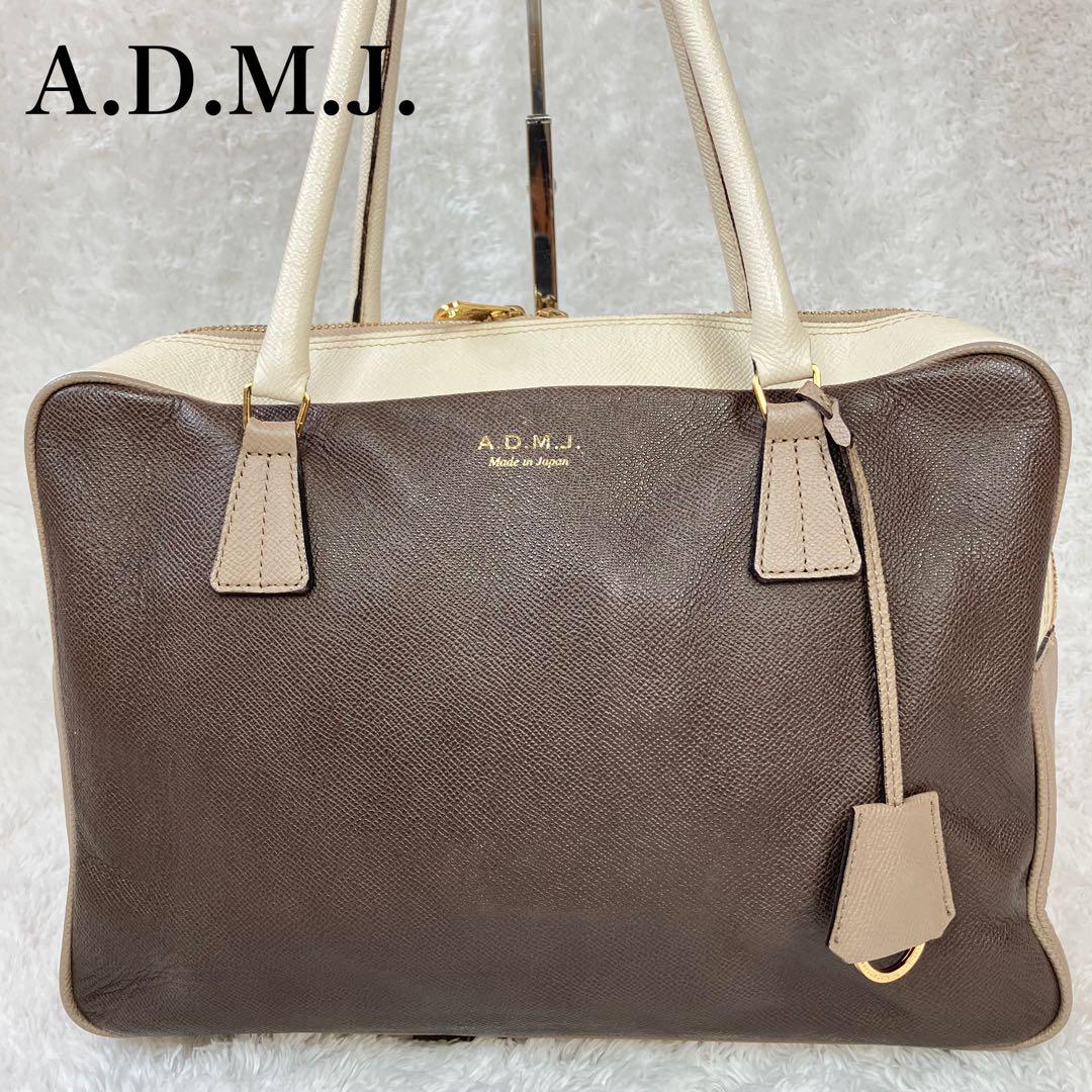 ADMJ ボストンバッグ 34センチ シュリンク バイカラー A4収納 茶 白