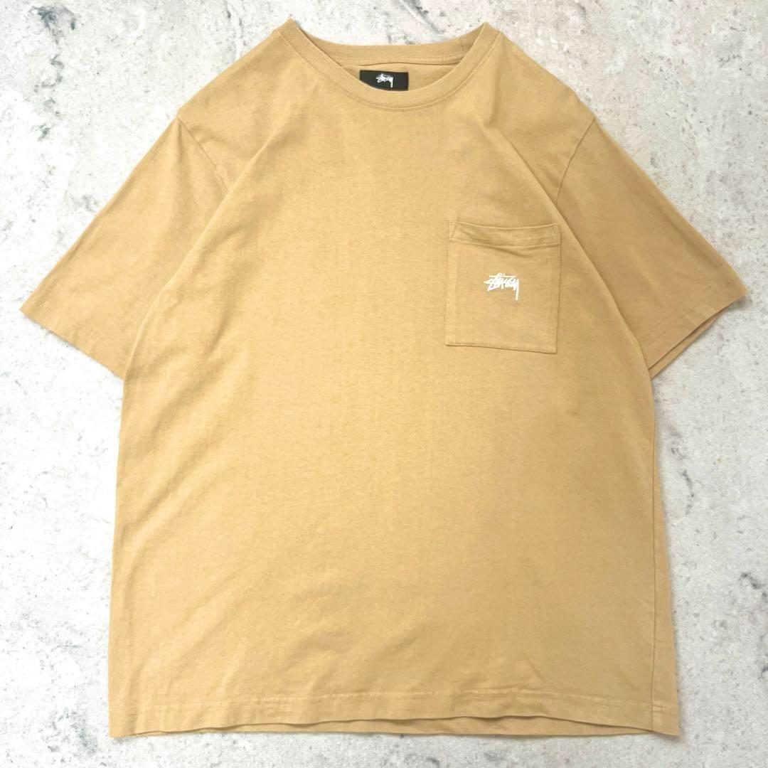 【ステューシー】美品刺繍ロゴワンポイント ポケットTシャツ ベージュstussy