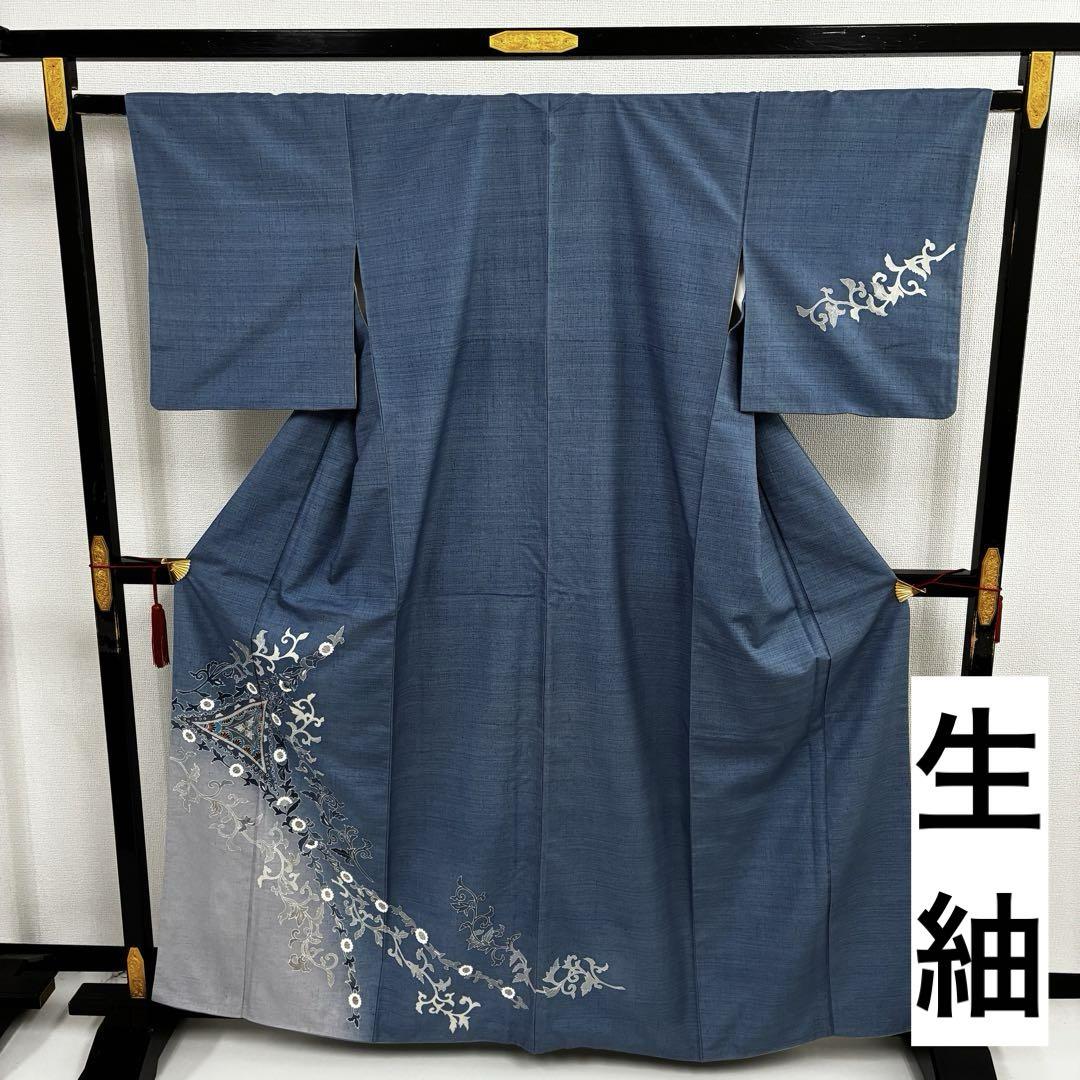 1910 華 着物 小紋 洗える着物 花唐草 青 トールサイズ ふくよか