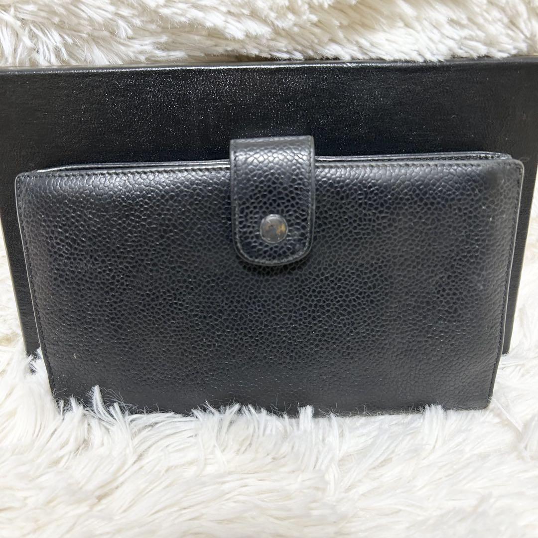 【高級】CHANEL シャネル キャビアスキン 長財布 がま口