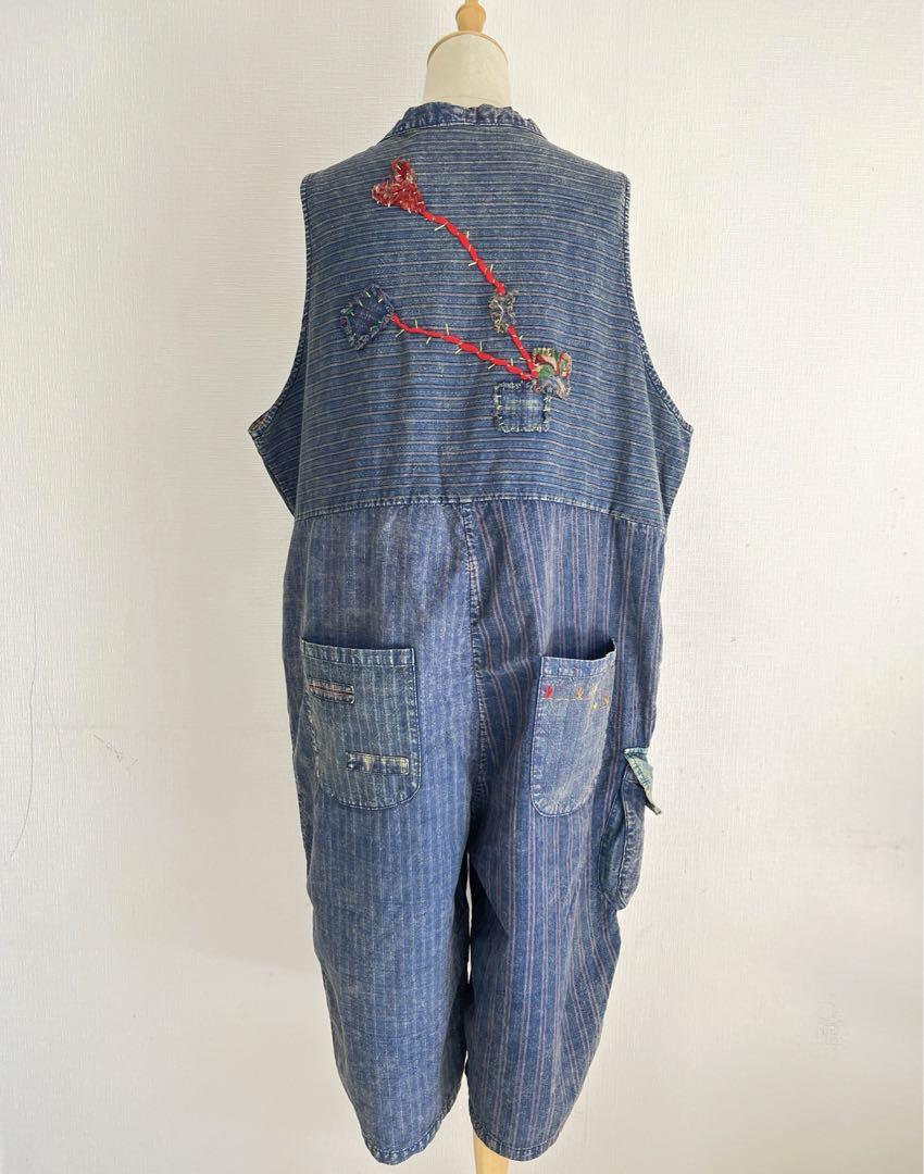 ハンドメイド 古布パッチワーク 刺し子 個性的なサロペット