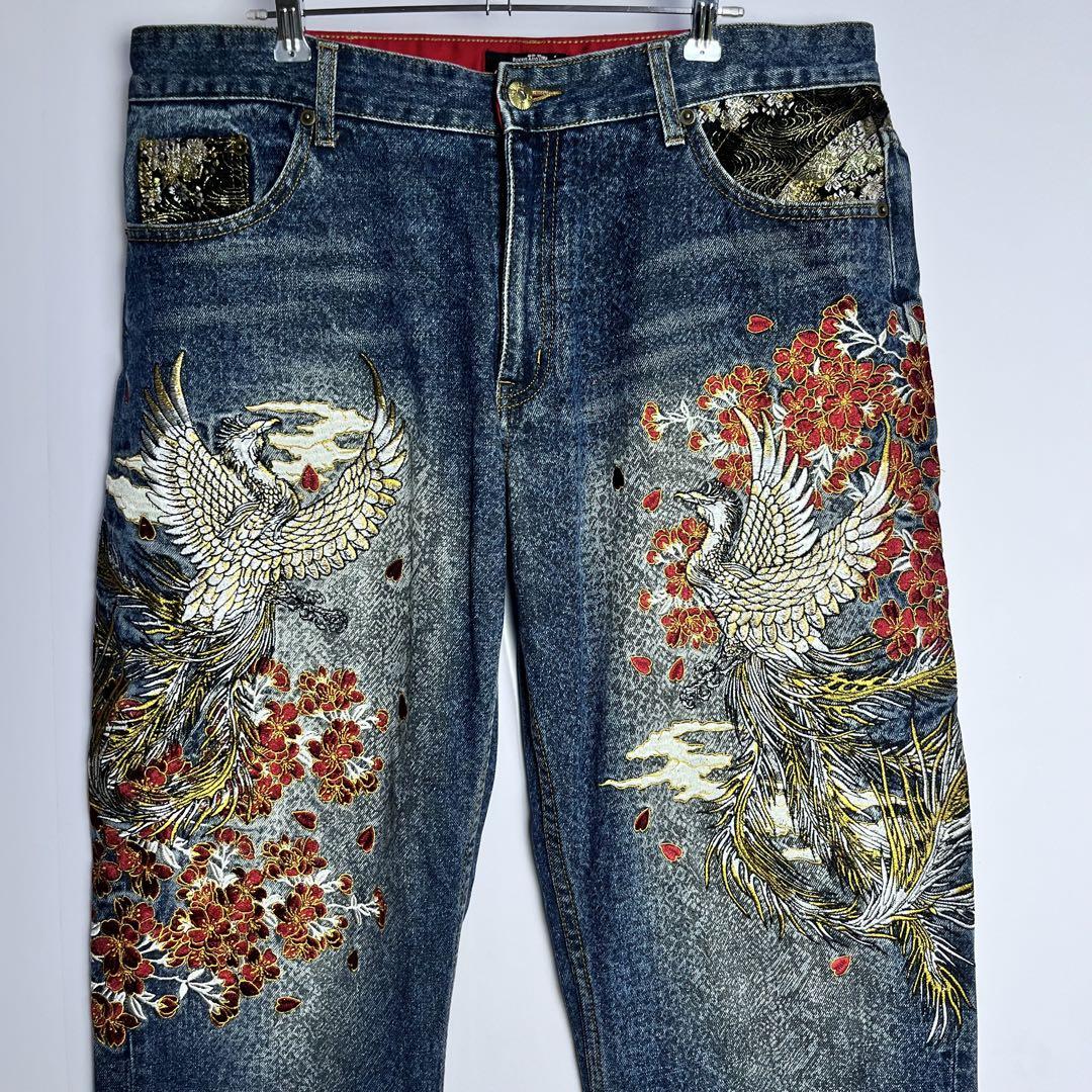 ー品販売  セール中⚡仏喜羅坊 鳳凰 W38 豪華刺繍 デニムパンツ 和柄 パンツ