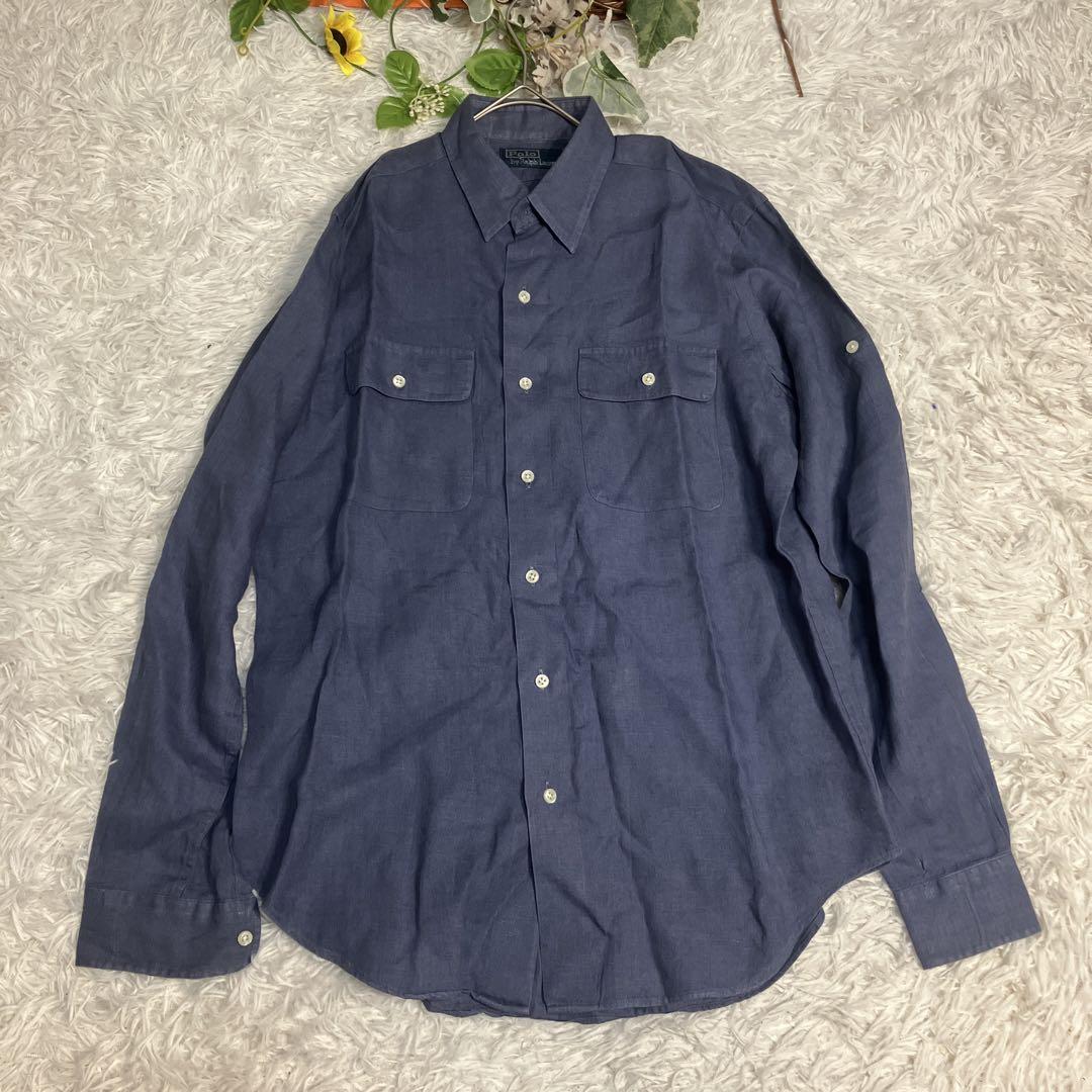ポロラルフローレン/シャツ/S/ヴィンテージ/長袖/青/ブルー/90s/古着