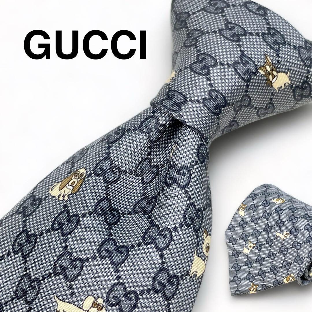 レア GUCCI グッチ GG柄✕犬総柄モノグラムマーモントシマ ネクタイグレー