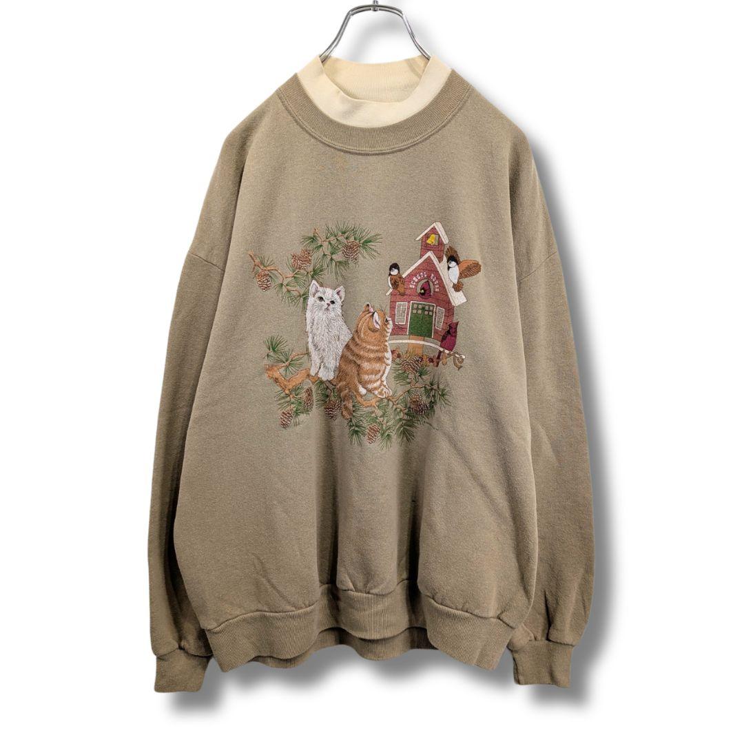 プリントスウェット　USA　アニマル　猫　鳥　古着　ベージュ　AM83