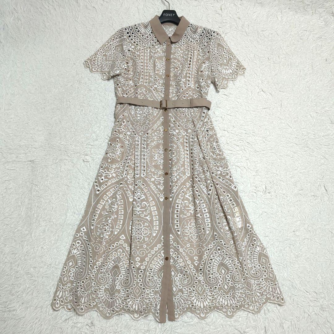 美品 グレースコンチネンタル ジョーゼットカットワークワンピース ベルト 36