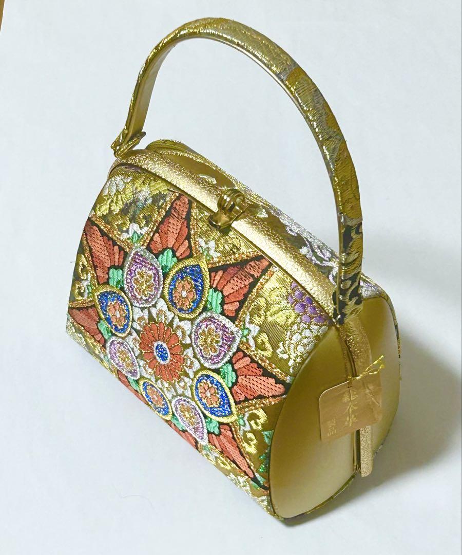 【超美品】高級　本革和装がま口バッグ　着物バッグ　金色刺繍　レトロ　アンティーク
