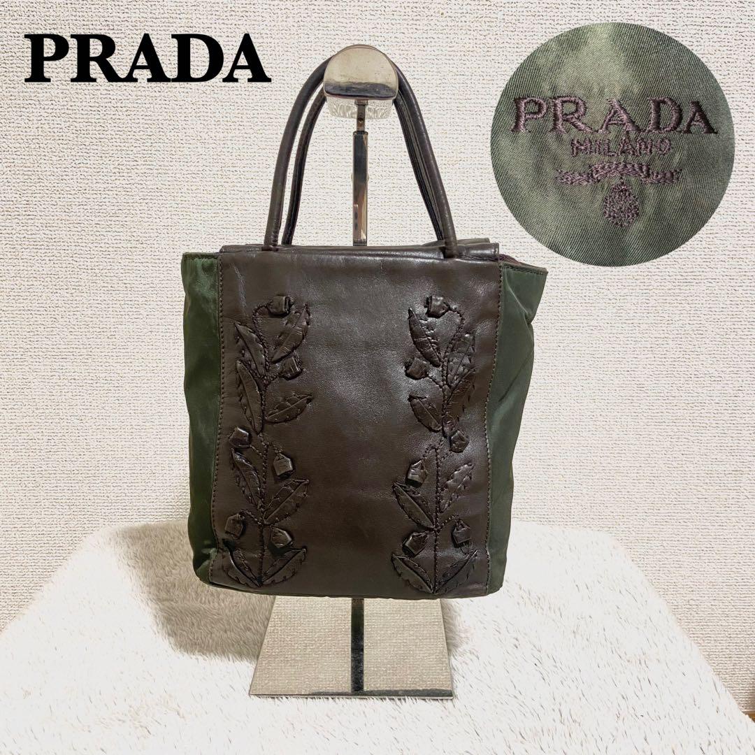 【美品】PRADA　プラダ　ハンドバッグ　薔薇　フラワー　レザー　刺繍　装飾