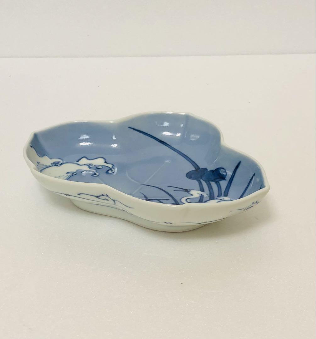 高級美術 有田焼 名窯 貴祥窯 古伊万里 再現 薄瑠璃釉 染付鷺紋 葉型皿2客