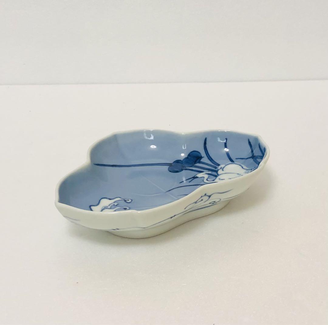 高級美術 有田焼 名窯 貴祥窯 古伊万里 再現 薄瑠璃釉 染付鷺紋 葉型皿2客