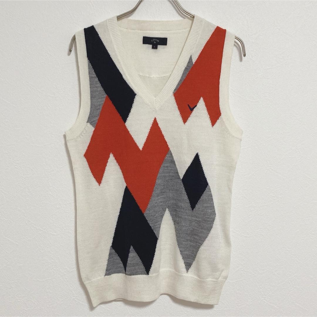Callaway ニットベスト Ｖネック 総柄 アーガイル 刺繍 L ゴルフ