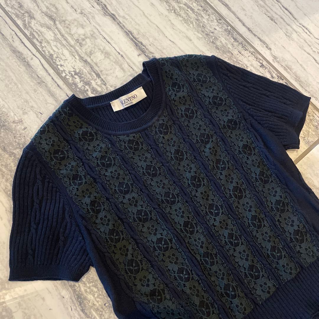 VALENTINO ネイビー ニット半袖ワンピースM