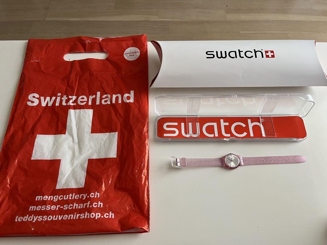 Swatch ピンクラメバンド 時計 ケース付き