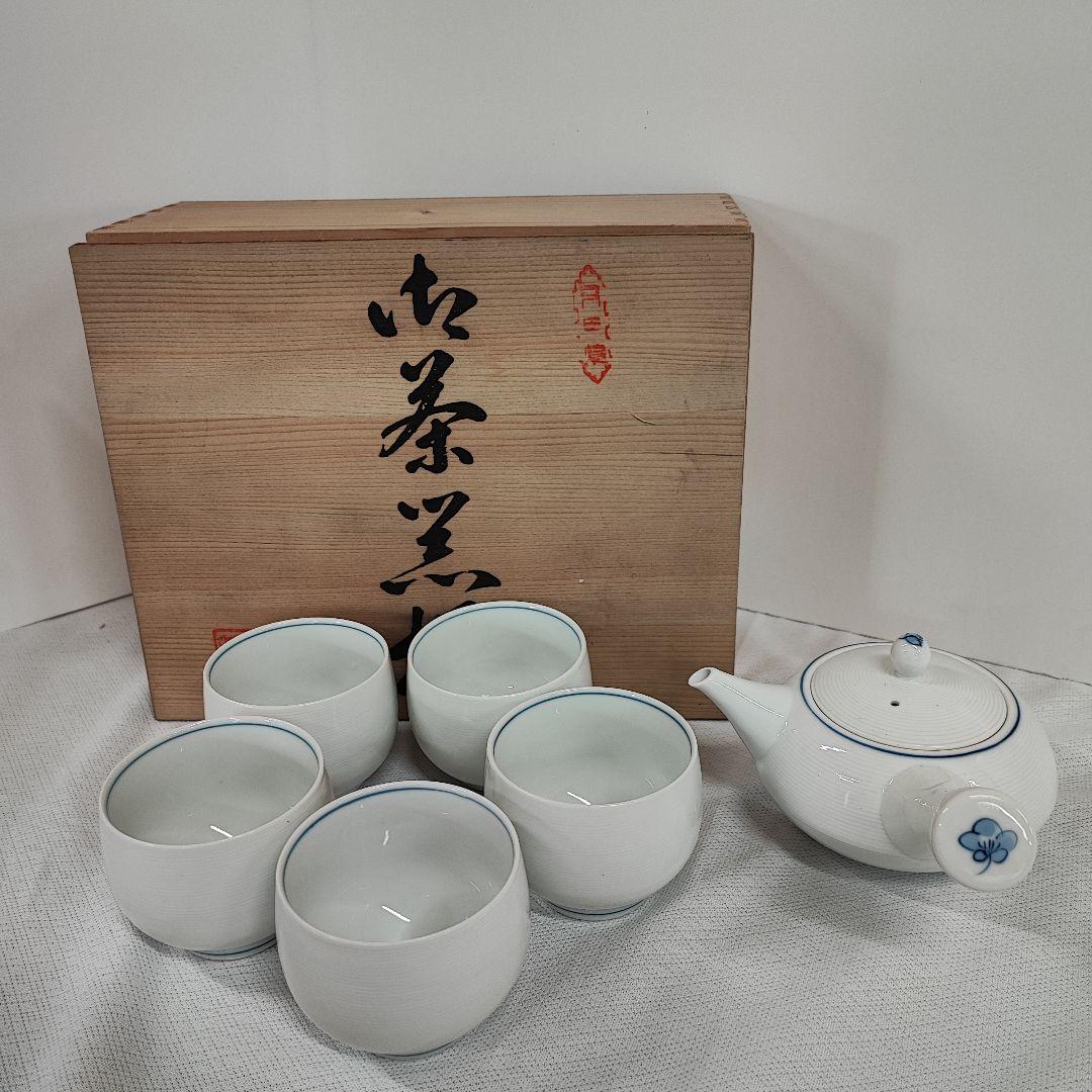 有田焼 白磁梅 御茶器 急須 湯のみセット 木箱入り1セット