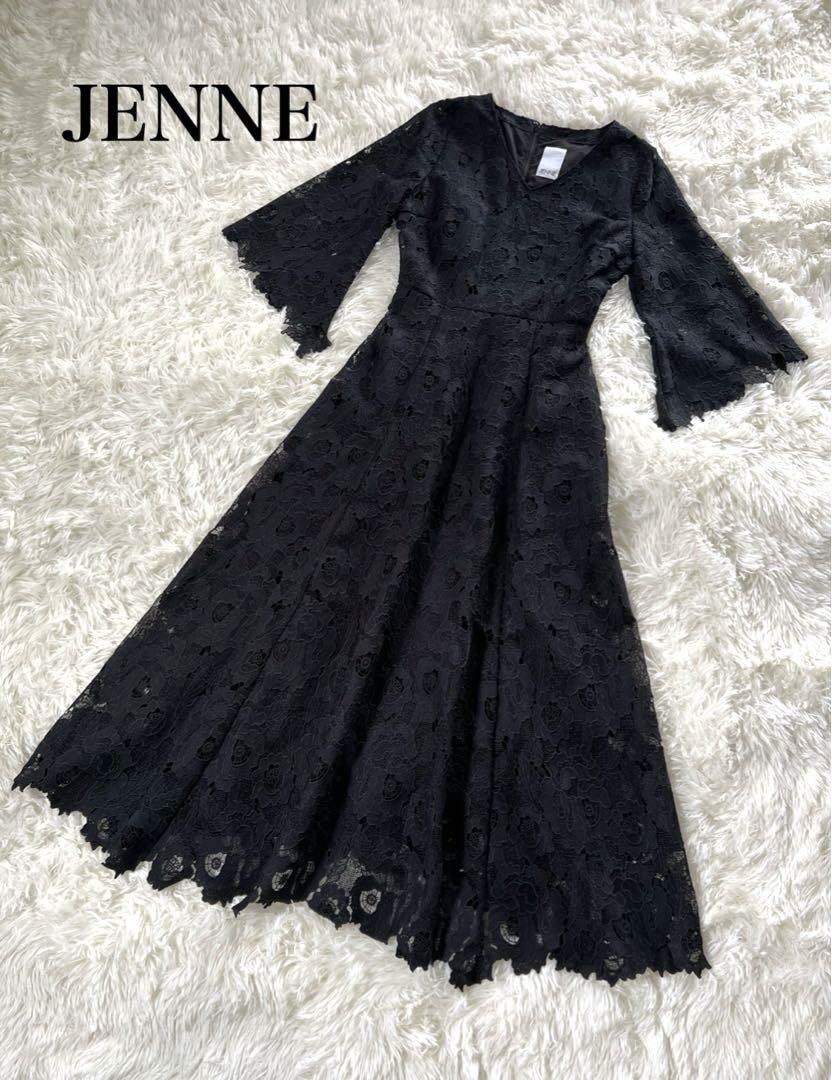 JENNE ジェンヌ　総レース8分フレア袖ワンピース　Sサイズ　ブラック