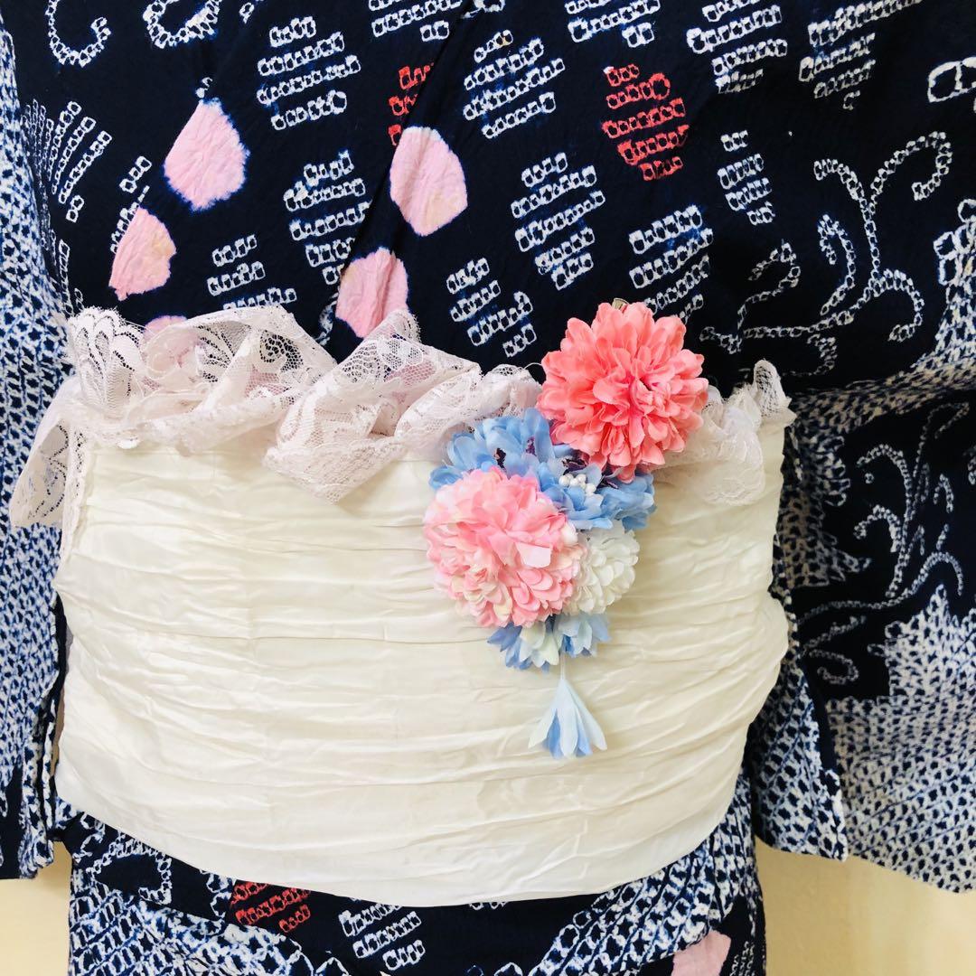 有松鳴海絞り伝統工芸❤️半幅帯兵児帯‼️ハンドメイドお花5点セット‼️ 有松鳴海絞り伝統工芸❤️兵児帯新品‼️帯留め5点セット‼️秀品
