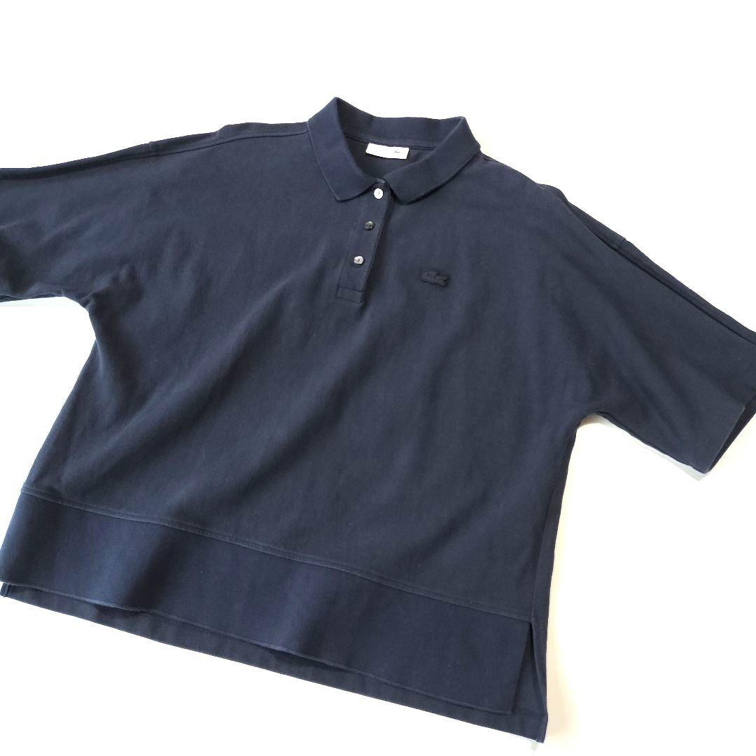 LACOSTE 日本製 ワイド ポロシャツ 鹿の子 ドロップ スリット 紺 LACOSTE 日本製 ワイド ポロシャツ 鹿の子 ドロップ スリット 紺