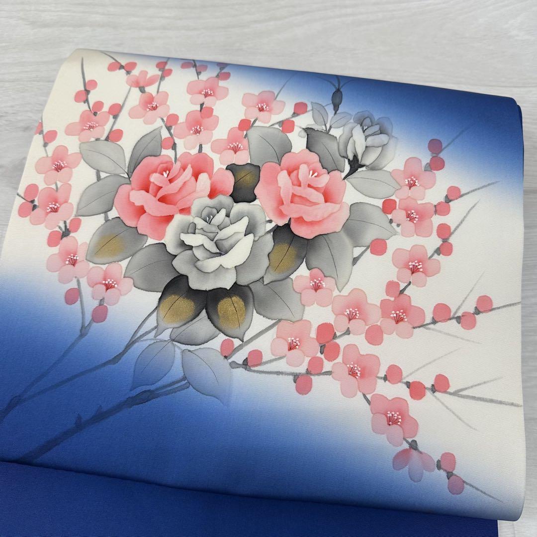 作家物 名古屋帯 塩瀬 上品墨書き花模様 九寸 正絹 着物 RO-3055 名古屋帯 塩瀬 花柄 上品な染め 素敵なデザイン 九寸 着物 正絹