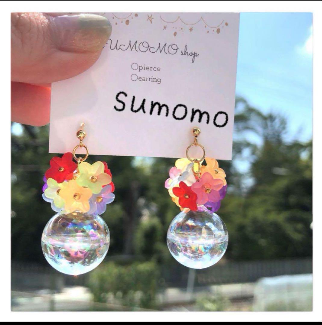 ハンドメイドアクセサリー ピアス イヤリング ガラス玉 花