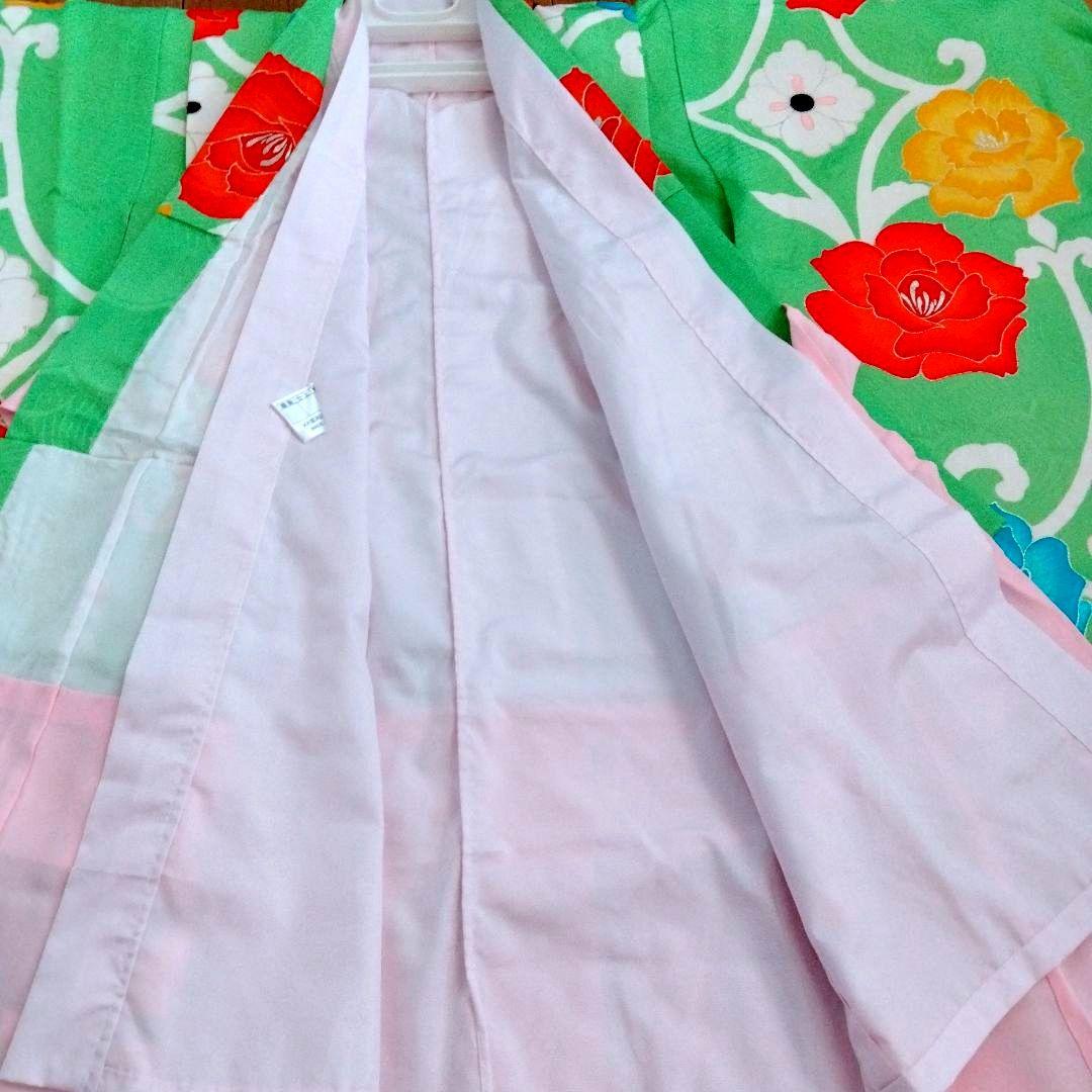 七五三   3〜5歳  正絹  着物　ネオングリーン/ 作り帯/ 小物セット