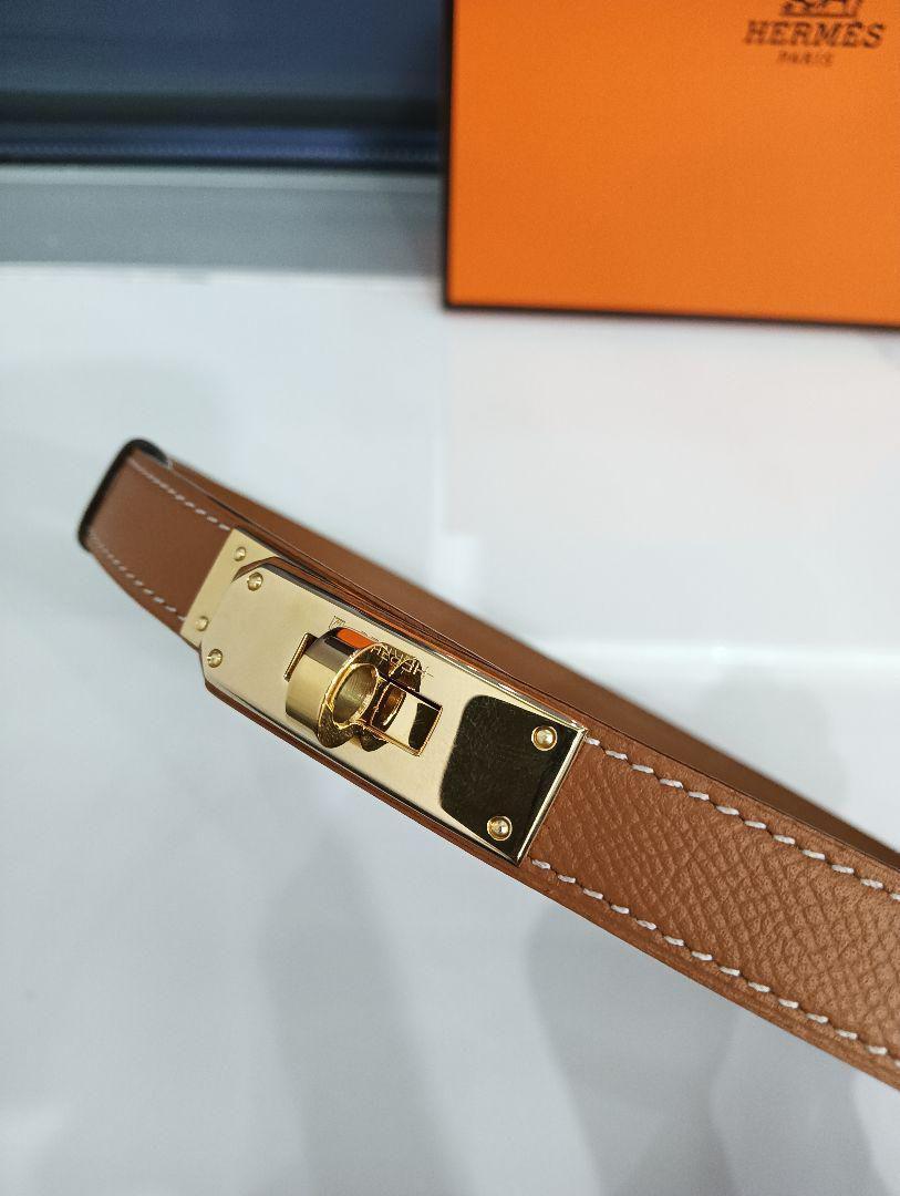 美品エルメス ケリーベルト エプソン ゴールド金具 ブラウン