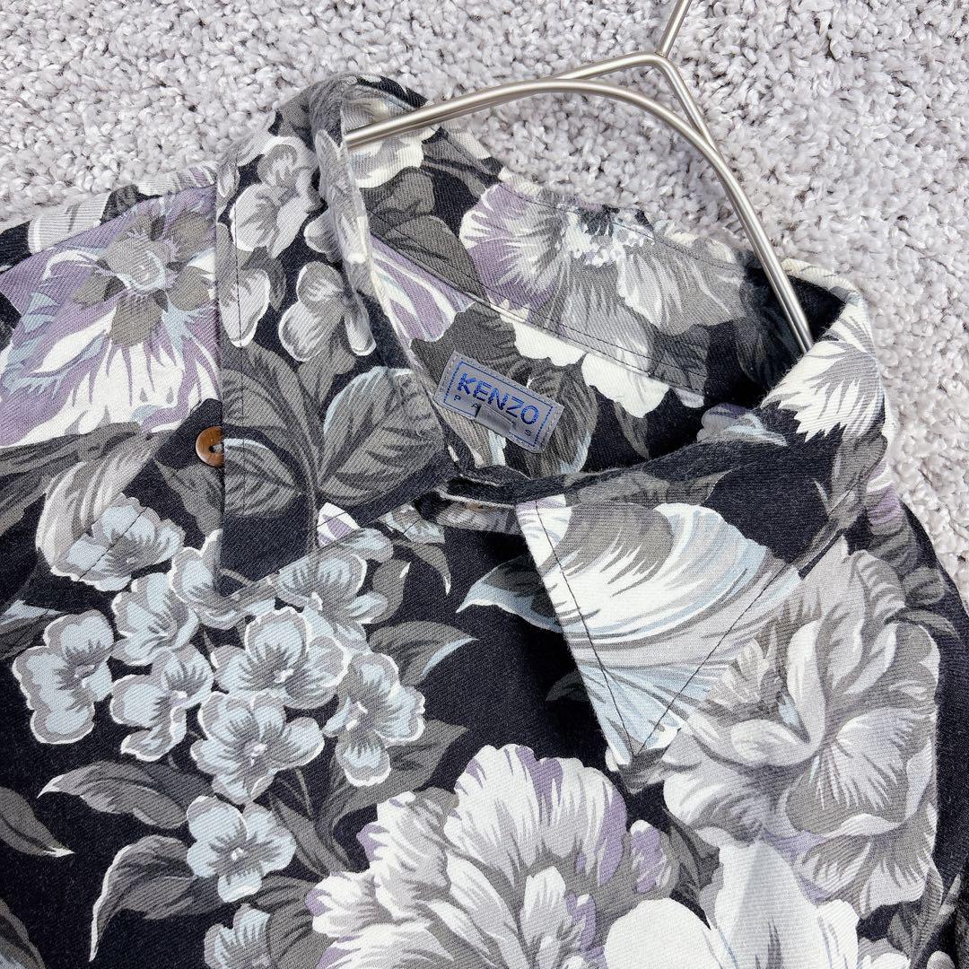 2155 ケンゾー KENZO 長袖シャツ 花柄 総柄 日本製 ブラック レトロ 2155 ケンゾー KENZO 長袖シャツ 花柄 総柄 日本製 ブラック