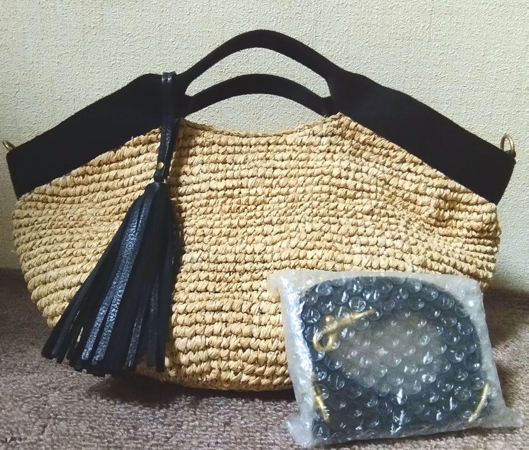 美品】ヴィオラドーロ ラフィアカゴバッグ 2way ブラック黒