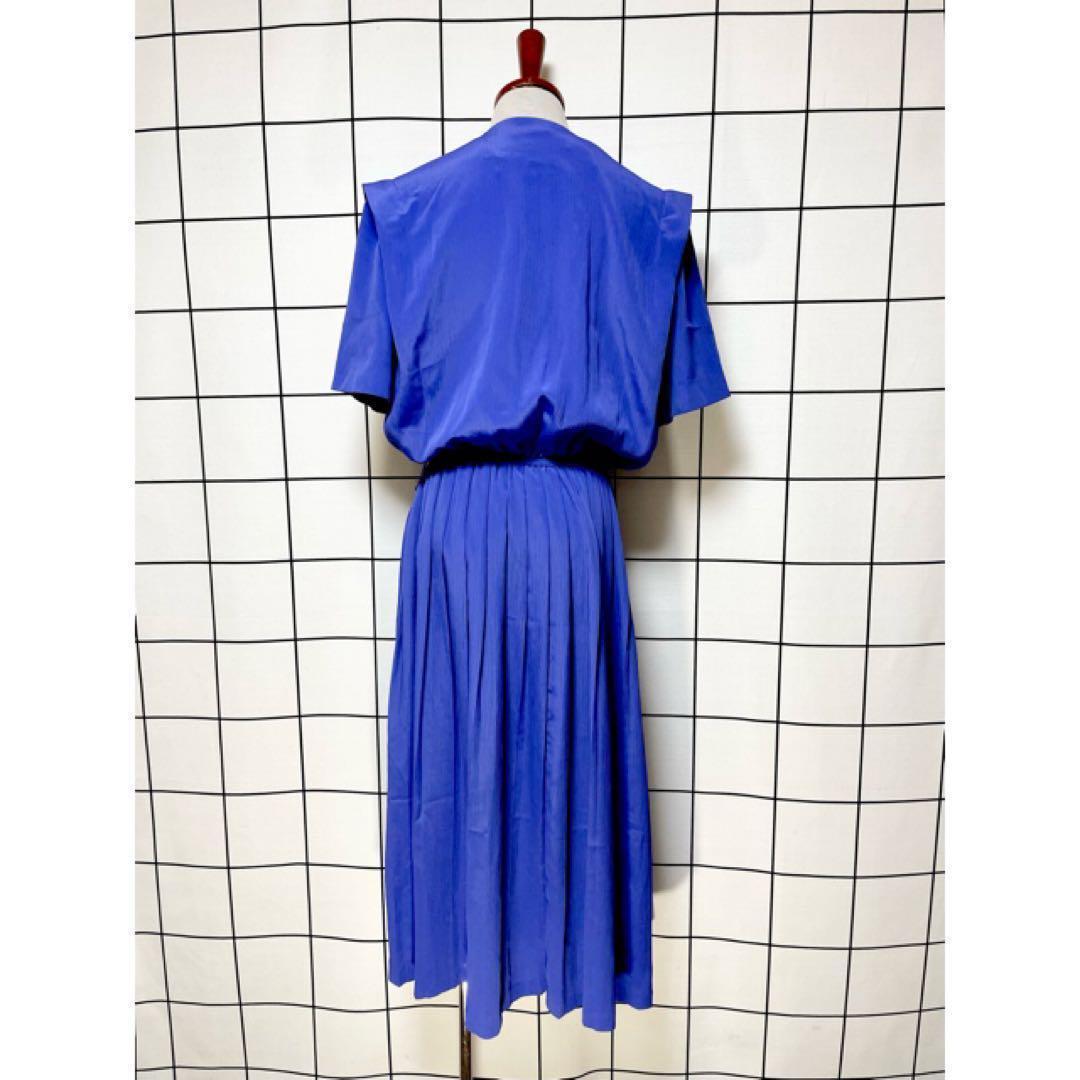 vintageヴィンテージワンピース刺繍ブルーノーカラーゴムレトロUSA海外古着