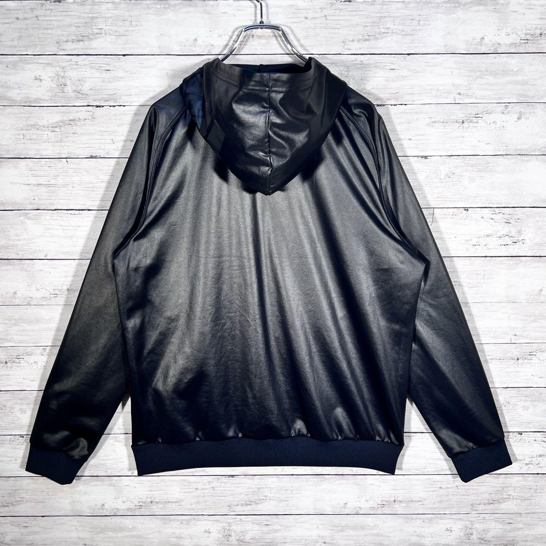 『adidas』 トラックジャケット　コーティング　レザー調　光沢　黒　2XL