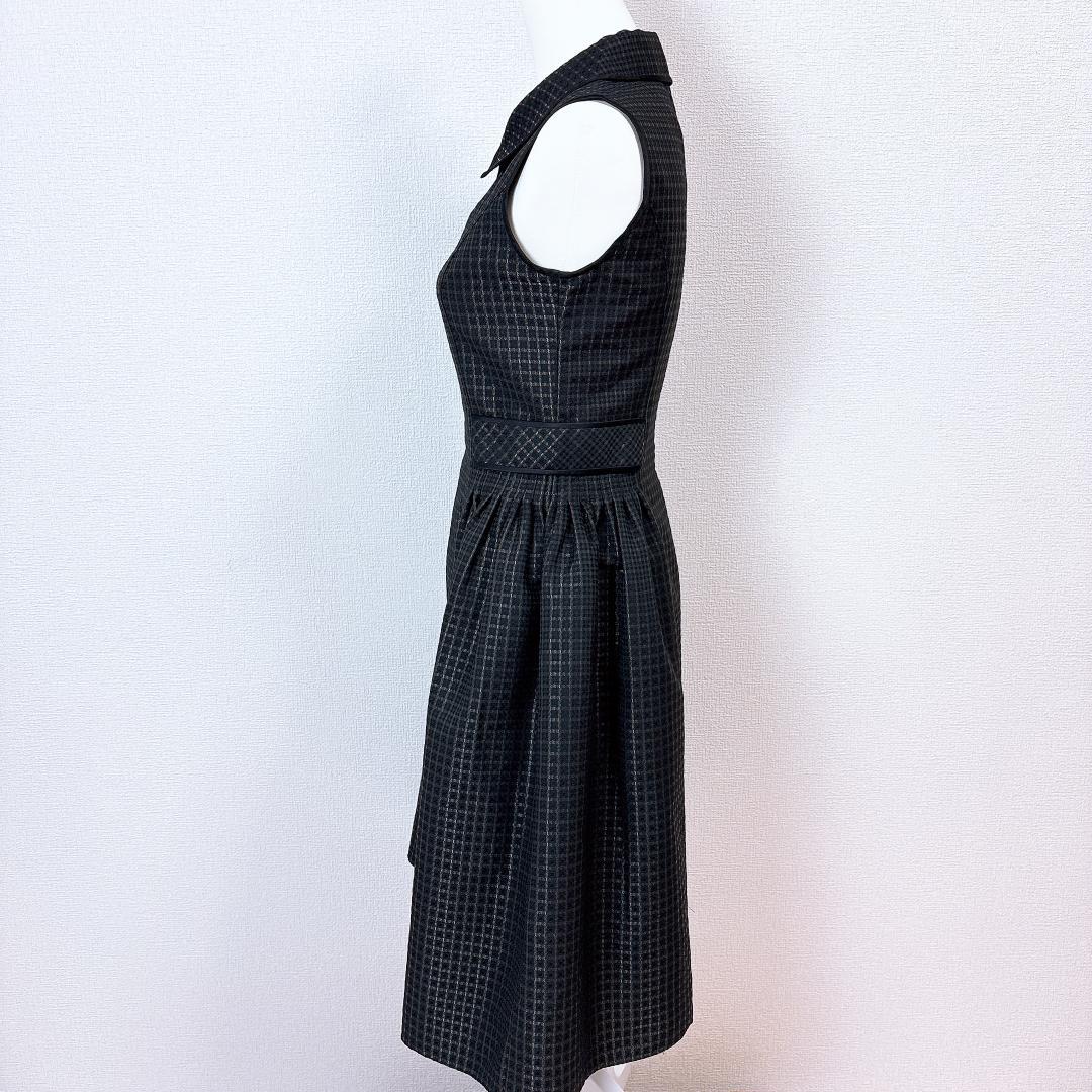 【美品】Rene ノースリーブドレスワンピース 襟付き 36 チェック ブラック