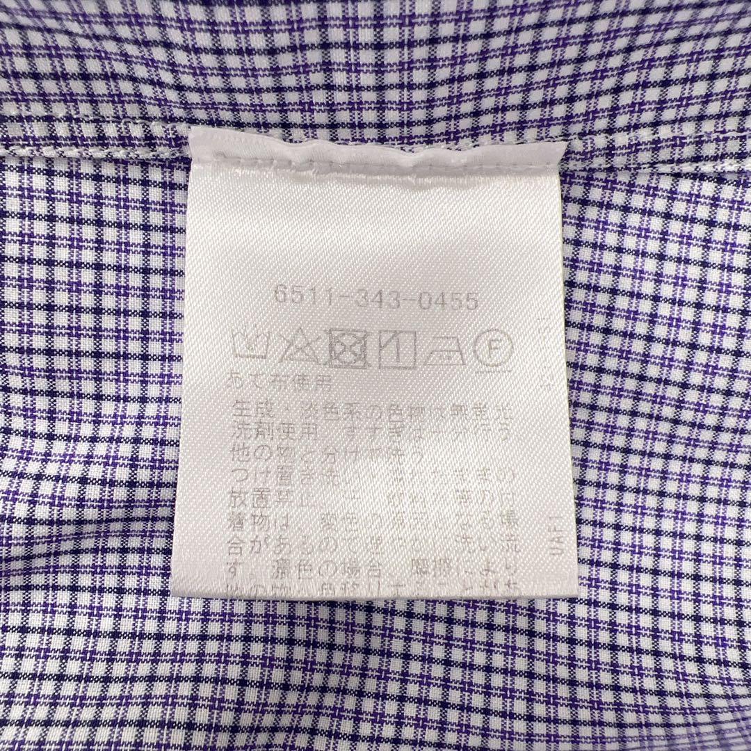 シャルべ　ノーカラーシャツ　ブラウス　クレリック　チェック柄　パープル　コットン