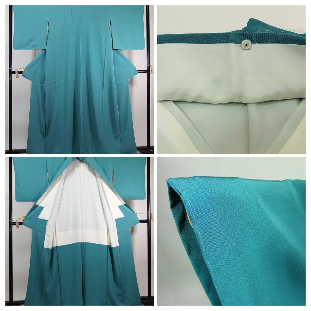 未使用 美品 正絹 色無地 縮緬 縫い紋一つ 桔梗紋 青緑系 上品な無地着物 未使用 美品 正絹 色無地 縮緬 縫い紋一つ 桔梗紋 青緑系 上品な無地着物