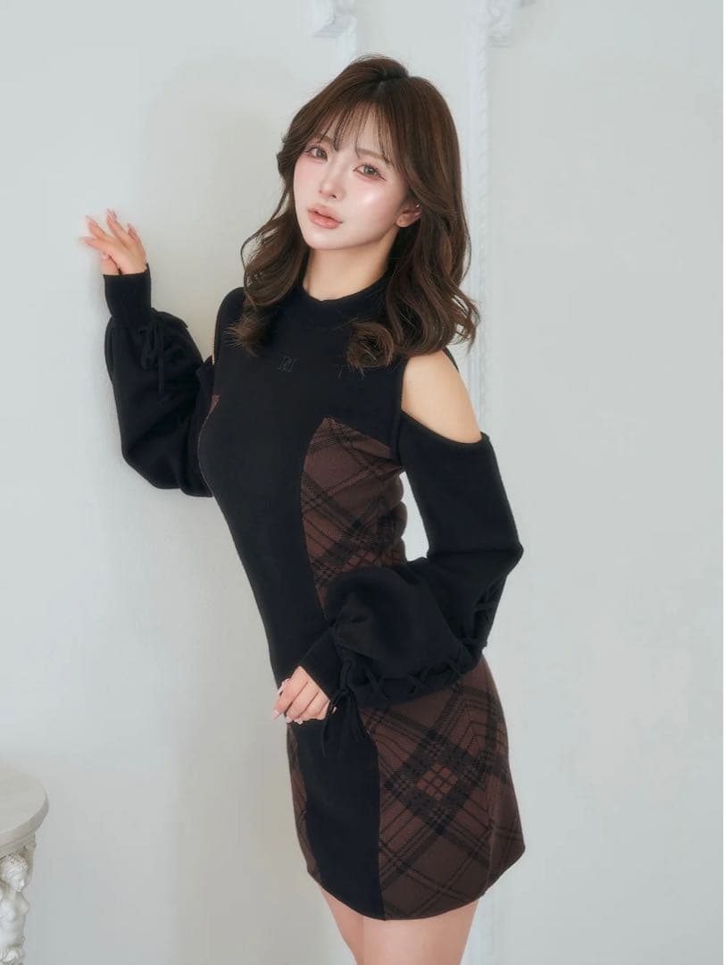 ダーリッチ Darichサイドチェックニットミニワンピース