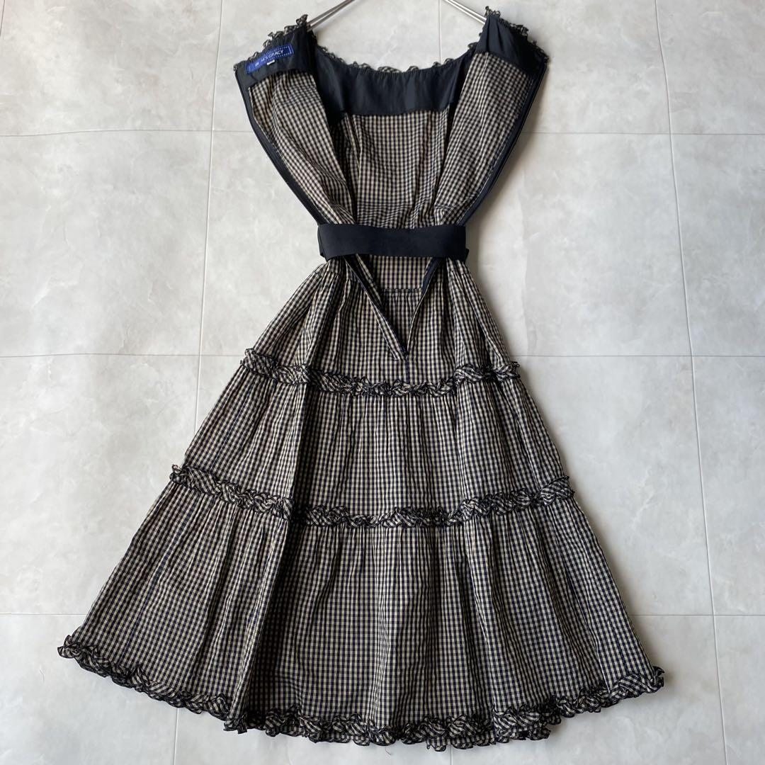 最終　美品◇エムズグレイシー　リボンベルト、ギンガム×デイジー柄ワンピース　38 美品✨エムズグレイシー ギンガムチェック ティアード
