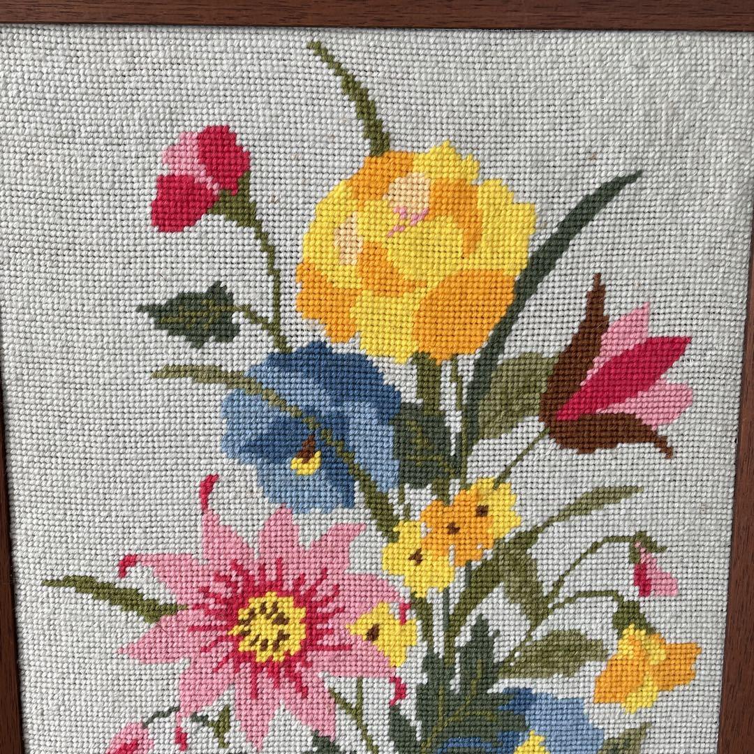 70sアメリカアンティー USA花の刺繍壁掛けヴィンテージ