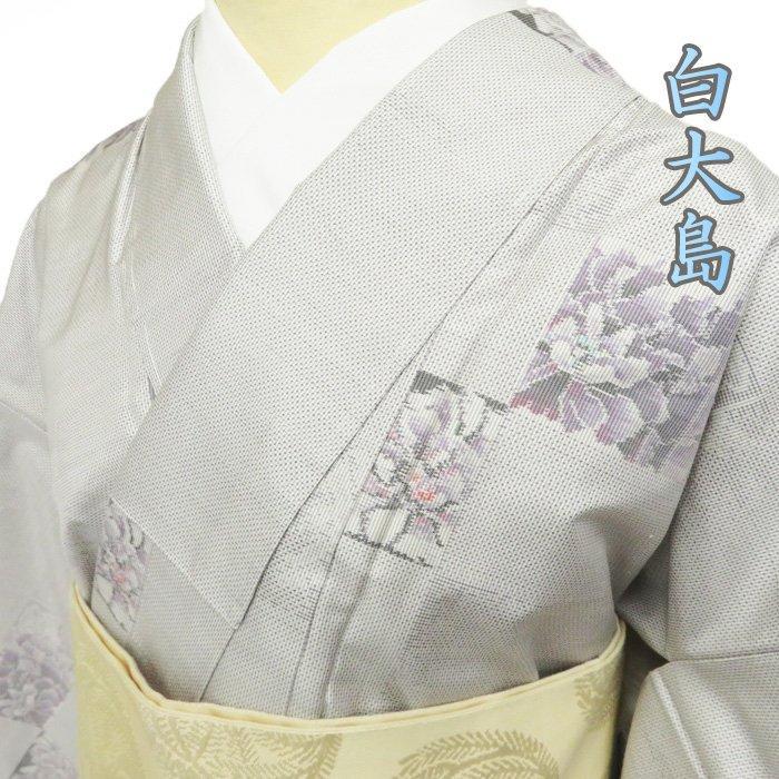 白大島 紬　花模様　オフホワイト　薄色　着物　A736-3 L