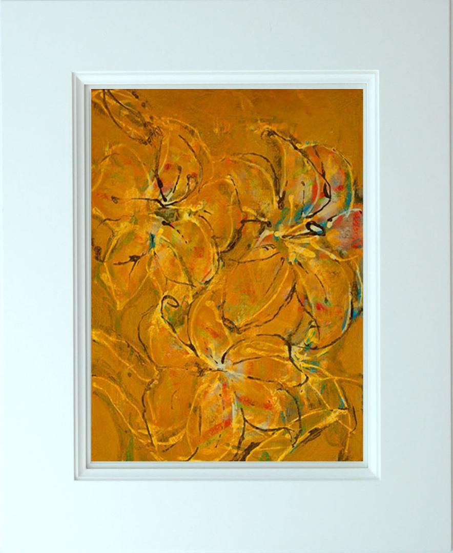 メルカリ　絵画　絵 額付( 青緑＋金色の枠 )油絵　F4-090316  花ゆり