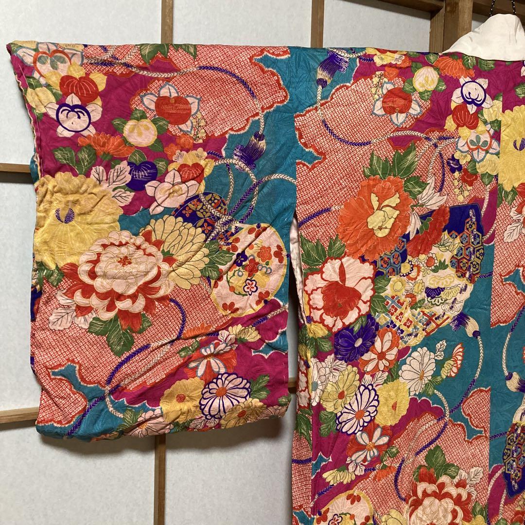 長襦袢　カラフル花柄　昭和レトロ