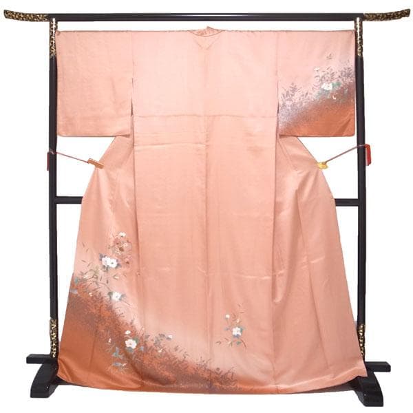 訪問着 着物 袷 金彩加工 刺繍 草花 正絹 裄69.5 Ｌ 中古 sn1542