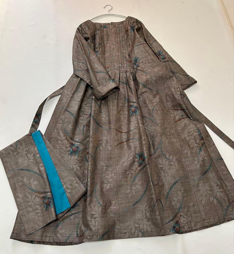 新品未使用泥染め大島紬＊ピンタックワンピース&ストール＊着物リメイク＊