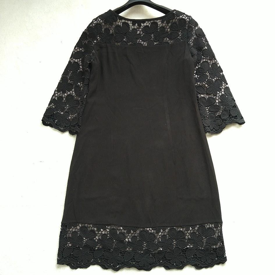 極美品　シビラ　ワンピース　ひざ丈　パンチングレース　花柄　長袖　ブラック　M