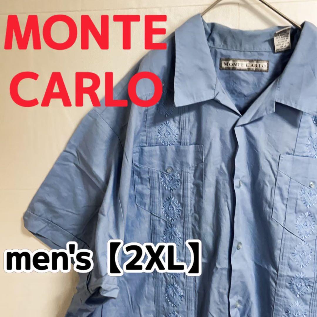 Y410【MONTE CARLO】半袖刺繍シャツ【2XL】ブルー