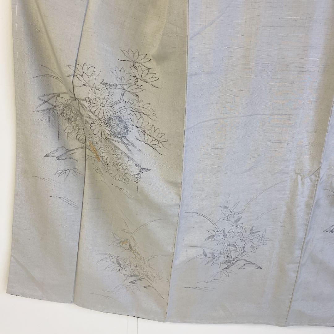 までの 春 紬地 刺し子 菊の花 しつけ付き M2pSH-m64630851749 10589u 着物 付下げ ければなん