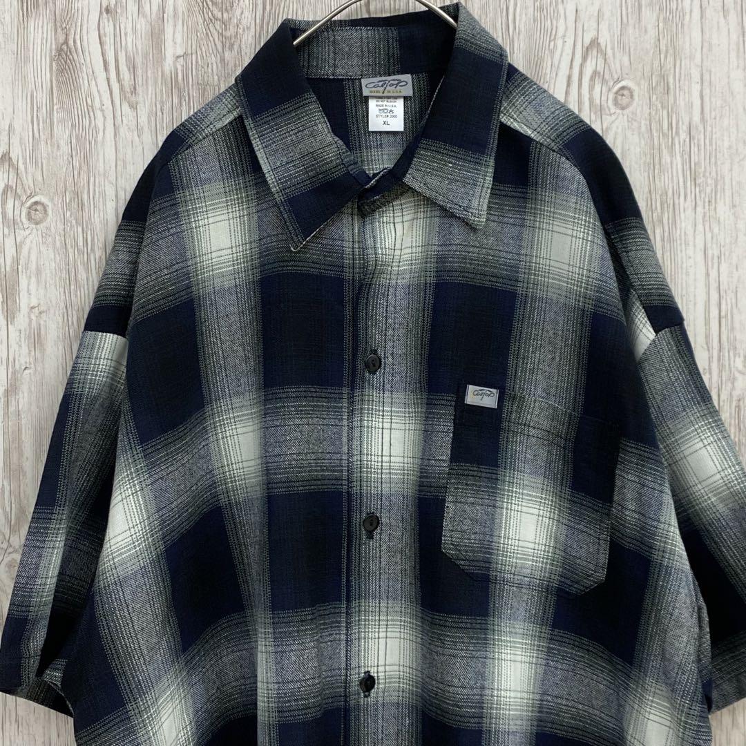 新品 CALTOP キャルトップ 半袖チェックシャツ ネイビーアイボリー XL